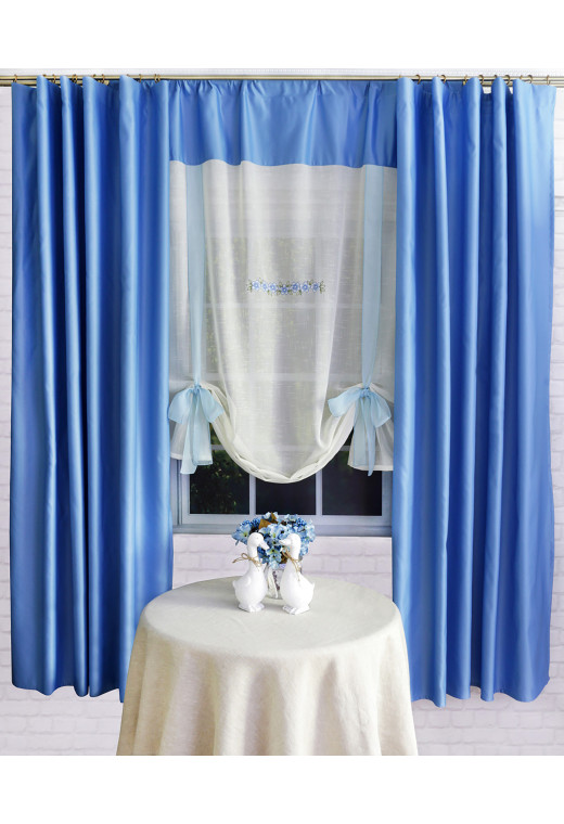 Комплект штор и тюля Сильвия Цветочный венок молочный голубой