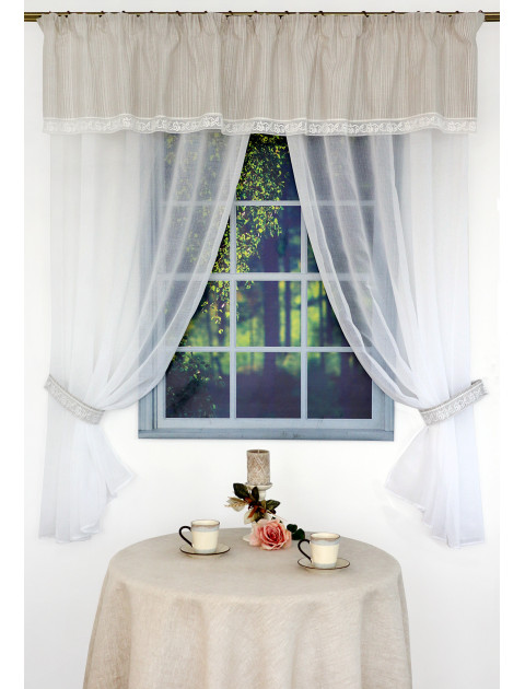 Тюль Village с льняным ламбрекеном, белый, серый