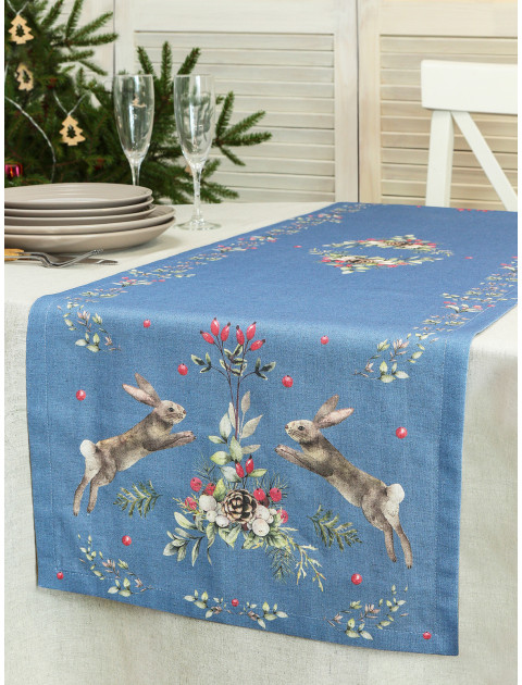 Дорожка декоративная Заячьи истории полулен синий красный зеленый серо-бежевый Дорожка декоративная Заячьи истории полулен синий красный зеленый серо-бежевый