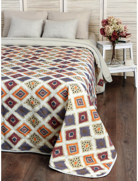 Плед-покрывало полульняное стачное Аладин Полоса полулен бежевый кирпичный оранжевый серо-беж