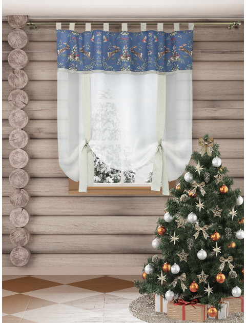 Тюль экран Заячьи истории на петлях полулен синий красный зеленый серо-бежевый