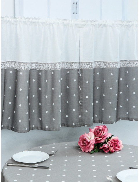 Шторы кафе Вилладж в горошек полулен белый серый