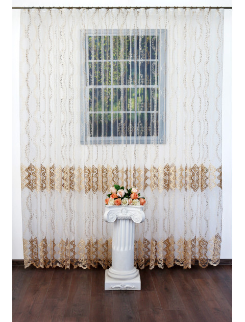 Тюль сетка-вышивка белый, золотые вензеля