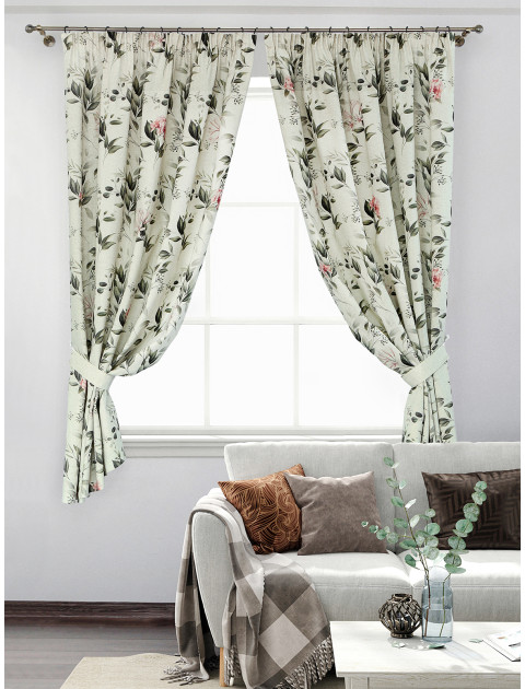 Комплект штор Зеленый ветер полулен темно-зеленый персиковый серо-бежевый