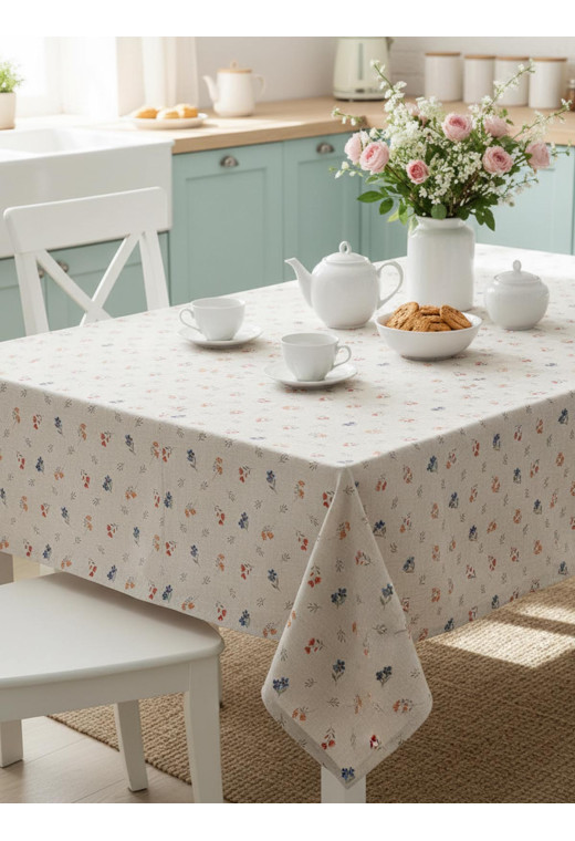 Скатерть Sweet flowers полулен бежевый зеленый Скатерть Sweet flowers полулен бежевый зеленый
