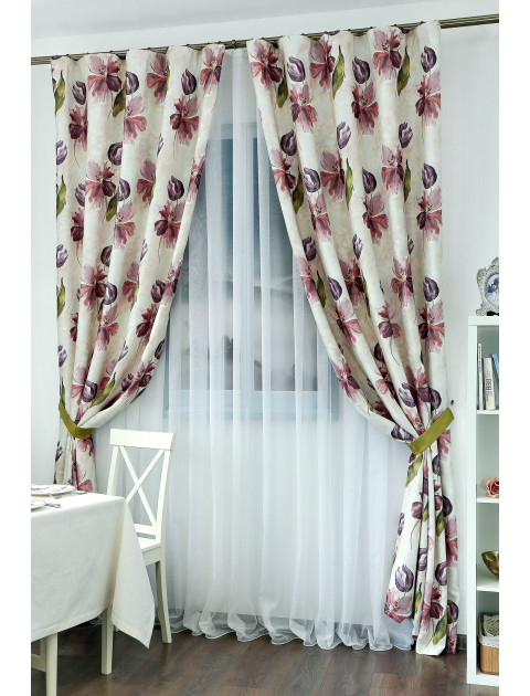 Комплект штор Акварель Тюльпаны Dimout 2084 v03A сливочный розово-сиреневый зеленый