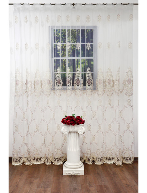 Тюль сетка с вышивкой  фестоны бархат VK 32002 v 502  молочный