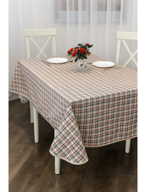 Скатерть Льняная усадьба Калинка в клетку с закруглёнными краями бежевый, бордовый, черный