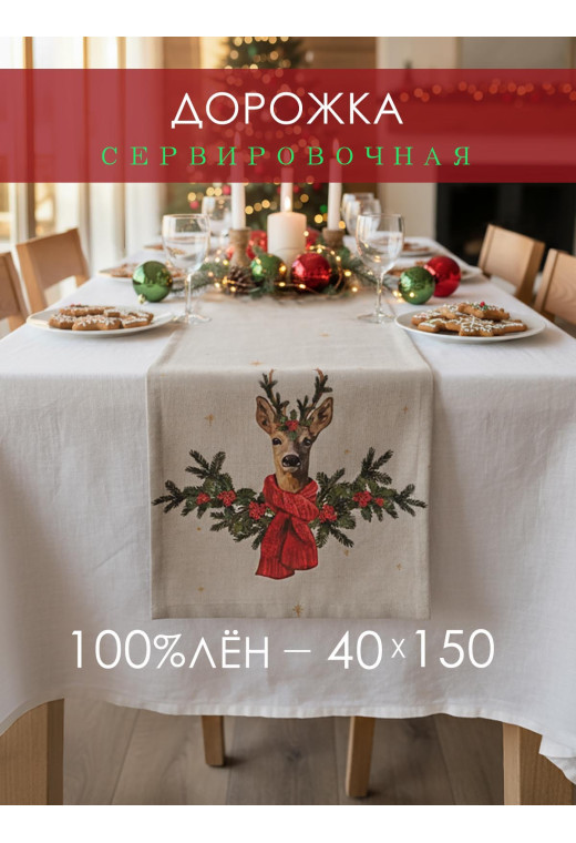 Дорожка декоративная Олень лен серо-бежевый
