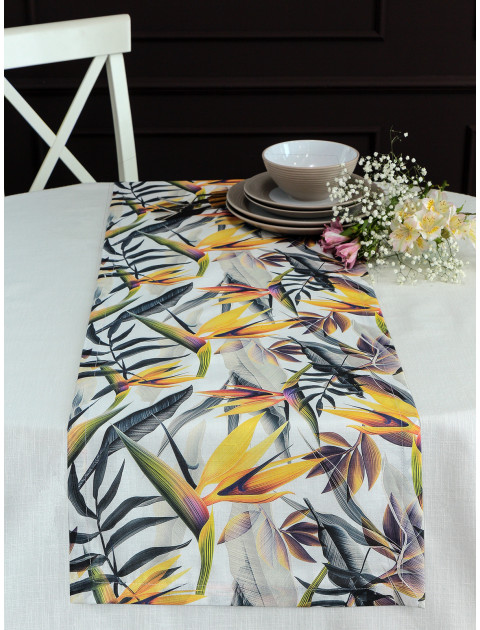 Дорожка декоративная Тропики полулен белый желтый