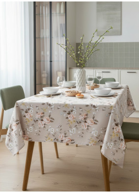 Скатерть Нежный букет габардин серо-бежевый оранжевый