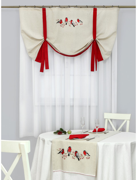 Штора-экран Снегири с вышивкой бежевый красный