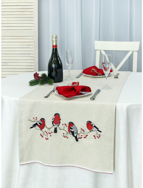 Декоративная дорожка Снегири с вышивкой бежевый красный