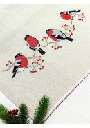 Декоративная дорожка Снегири с вышивкой бежевый красный