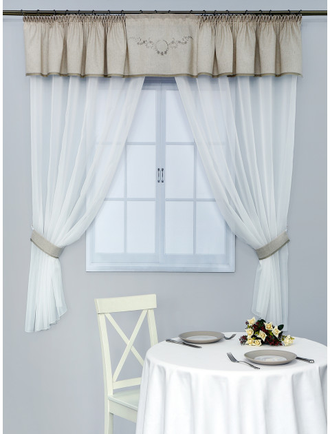 Тюль с ламбрекеном Классика льна с вышивкой бежевый