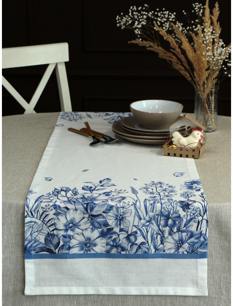 Дорожка декоративная Травы полулен белый сине-голубой