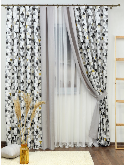 Комплект штор Усадьба Геометрия 3086v1 вертикальный манжет серый белый золотистый