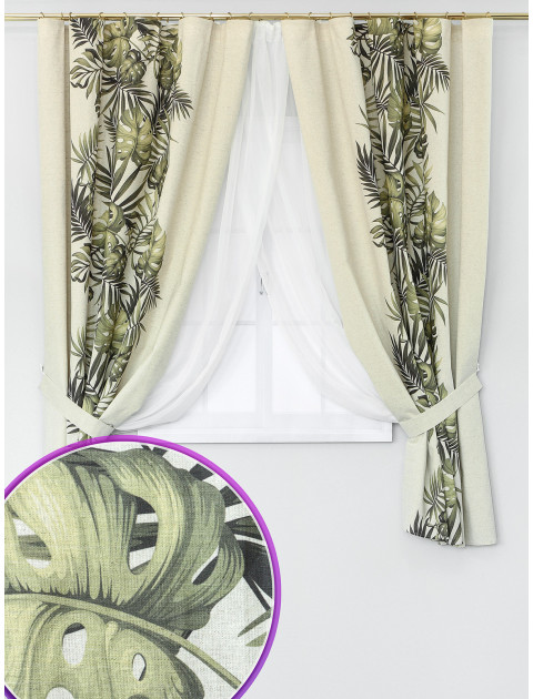 Комплект штор с тюлем Амазонка полулен темно-зеленый серо-бежевый