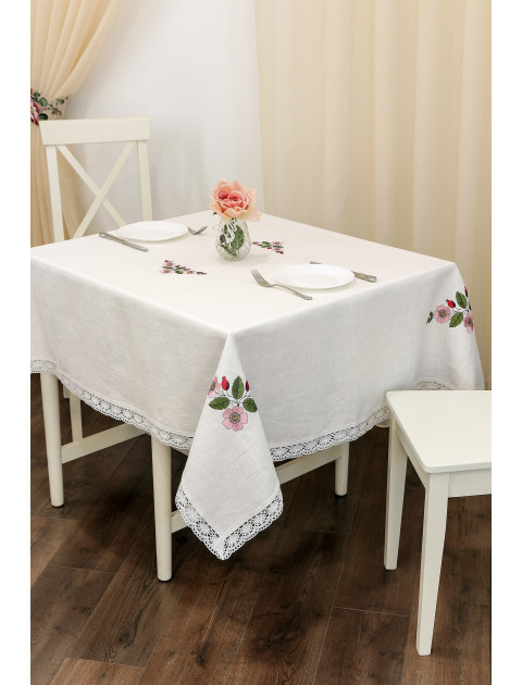 Скатерть столовая с вышивкой и кружевом  "Ветка шиповника", молочный