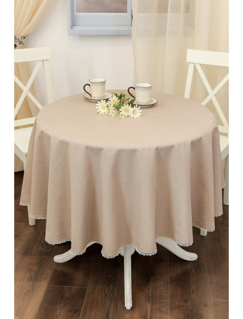 Скатерть овальная, кружево по краям, бежево-серый
