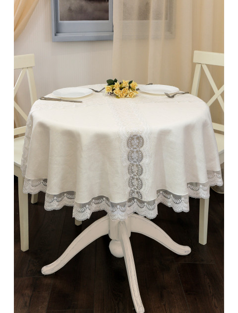 Скатерть Кружевница, лен, с кружевом молочный