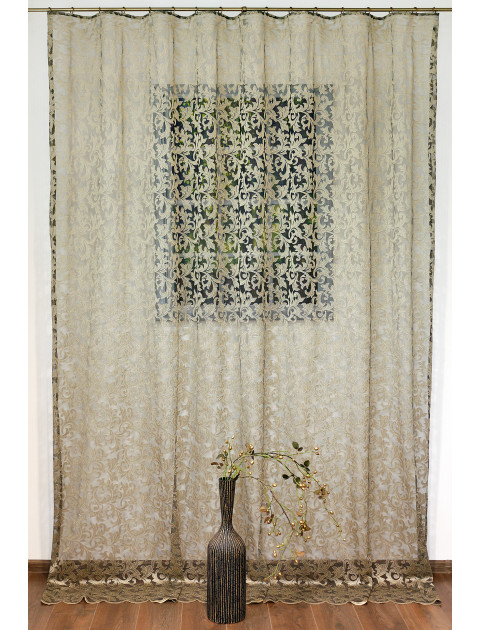 Тюль Сетка-Вышивка жаккард, коричневый, бежевые вензеля