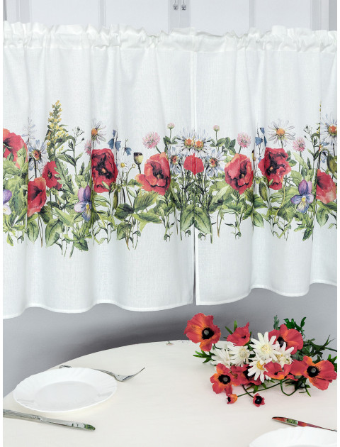 Шторы кафе Летний луг полулен белый красный зеленый