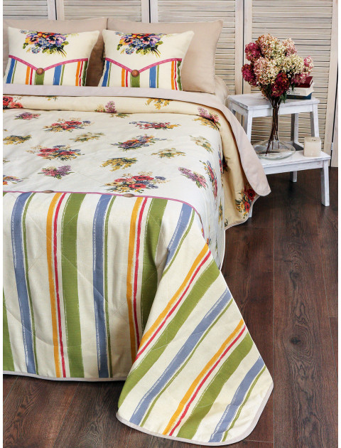 Плед-покрывало Амели хлопок с бейкой сливочный желтый зеленый