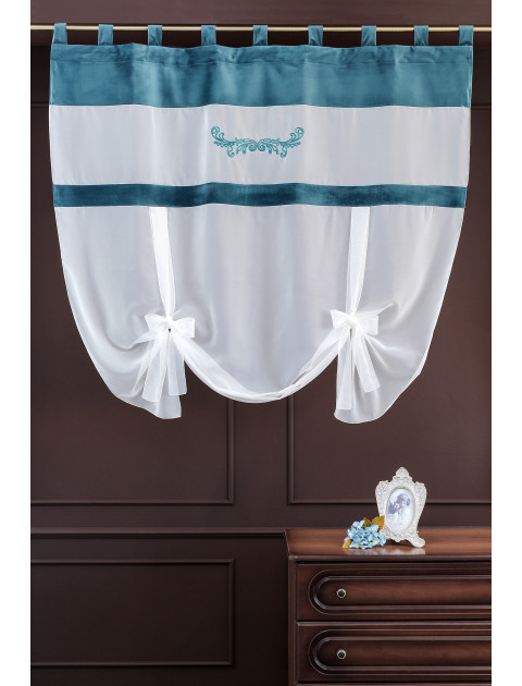 Тюль экран с вышивкой Эдем, темно-бирюзовый, белый