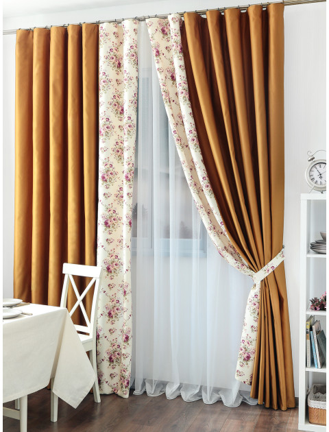 Комплект штор Magia Saten TAC Dimout 9222v03c сливочный фиолетовый горчичный