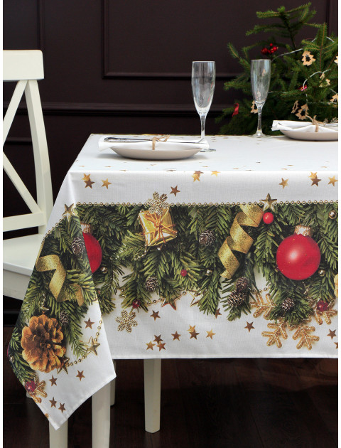 Скатерть Новогодняя гирлянда хлопок белый зеленый красный