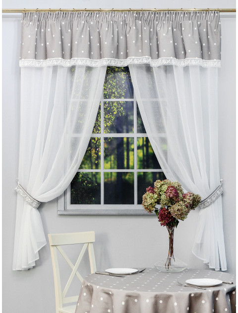 Тюль Village с льняным ламбрекеном в горошек белый серый