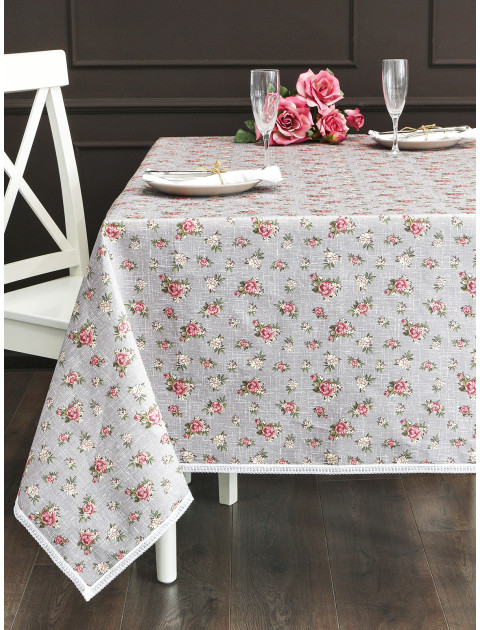 Скатерть Тайна Розы с кружевом лен розовый серый