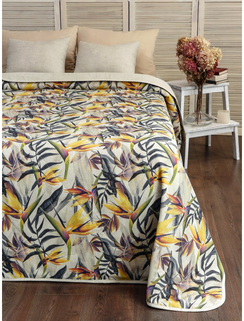 Плед-покрывало полульняное двухстороннее Тропики полулен серо-бежевый желтый фиолетовый