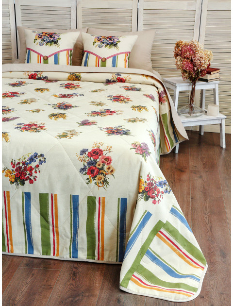 Плед-покрывало Амели хлопок с бейкой стачное сливочный желтый зеленый