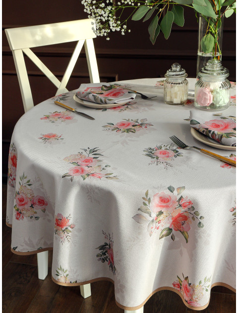 Скатерть Пробуждение с коричневой косой бейкой серый розовый