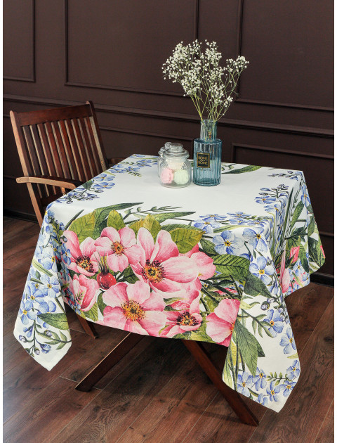 Скатерть Майский шиповник хлопок белый розовый синий