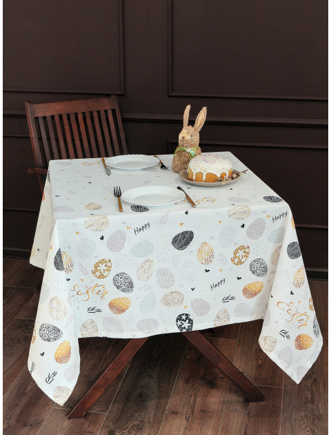 Скатерть Пасха хлопок молочный золотистый серо-голубой