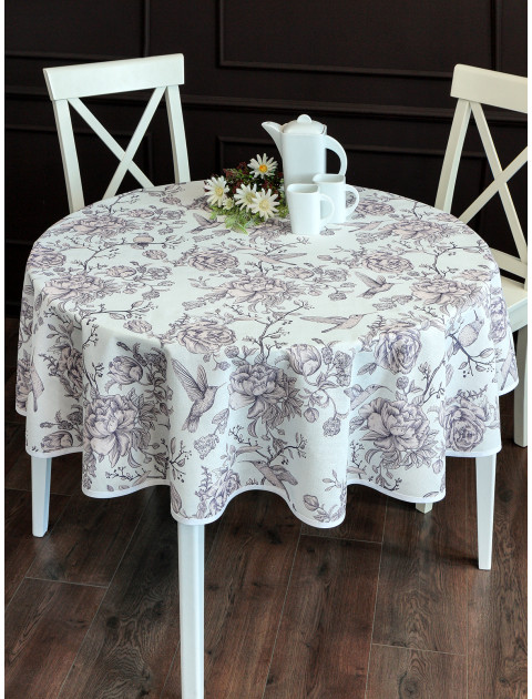 Скатерть Райский сад полулен серо-фиолетовый белый