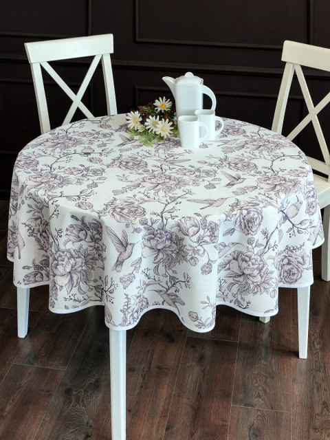 Скатерть Райский сад полулен серо-фиолетовый белый