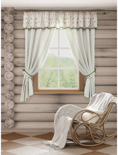 Комплект штор с ламбрекеном Sweet flowers полулен бежевый зеленый