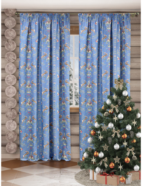 Комплект штор Заячьи истории полулен длинные синий красный зеленый серо-бежевый