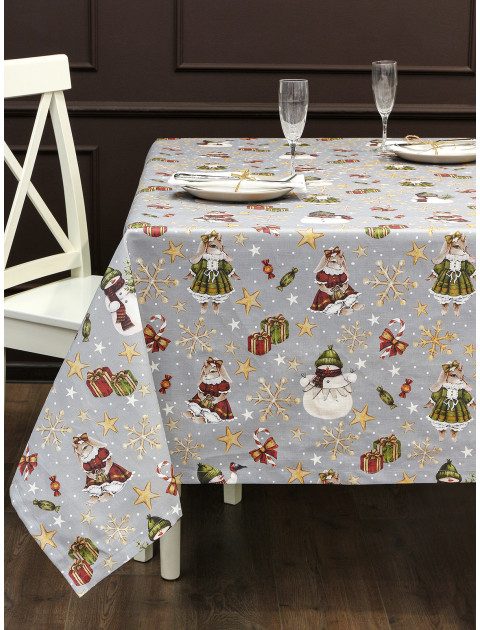 Скатерть Зимнее ретро лен серо-голубой