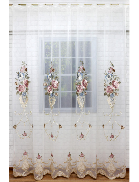 Тюль с бархатной вышивкой "Raffaello",1106 v sheer, молочный, светло-бежевый