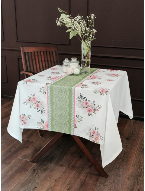Скатерть Пробуждение полулен белый зеленый розовый