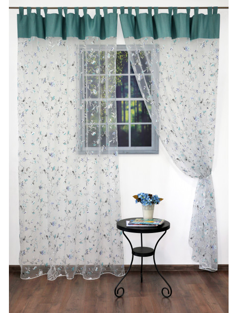 Тюль органза "Голубой вьюнок" на петлях, белый, серо-голубой