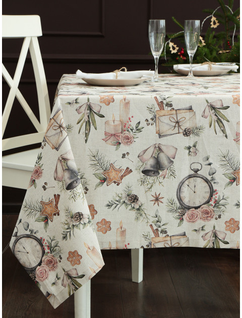Скатерть Новогоднее ретро полулен серый розовый серо-бежевый