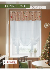 Тюль экран Новогодние кексы габардин бежево-коричневый красный зеленый