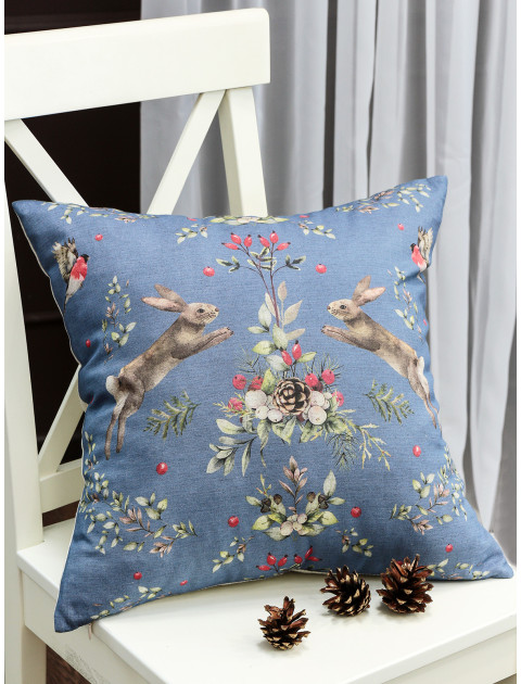 Наволочка декоративная Заячьи истории полулен синий красный зеленый серо-бежевый
