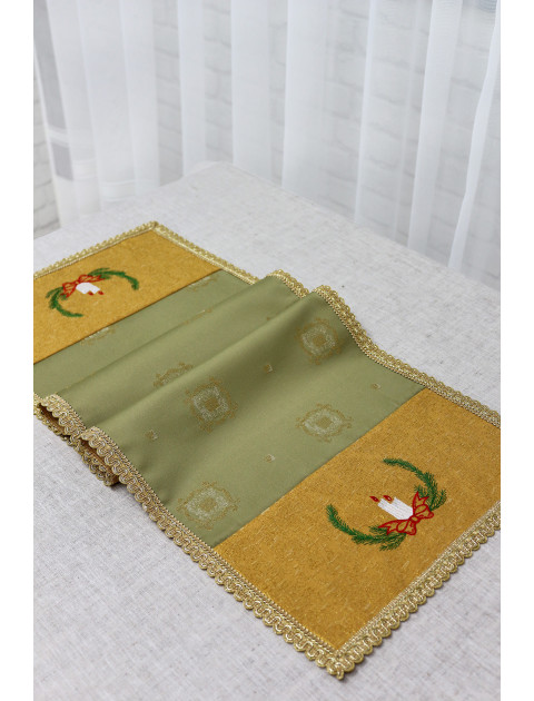 Дорожка "Новогодняя" зеленая +золото, кружево